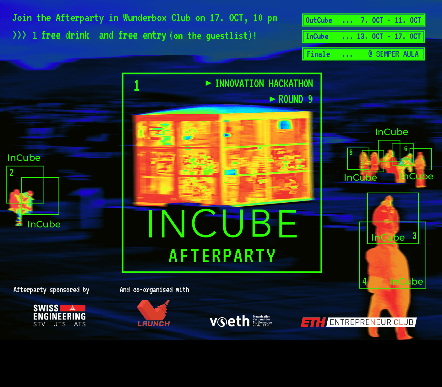 InCube Afterparty Official Flyer - Thermal imaging showing innovation hackathon with event details